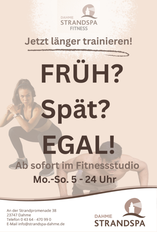 Traning Strand Spa Dahme  Früh Spät Fitnessstudio 5-24Uhr
