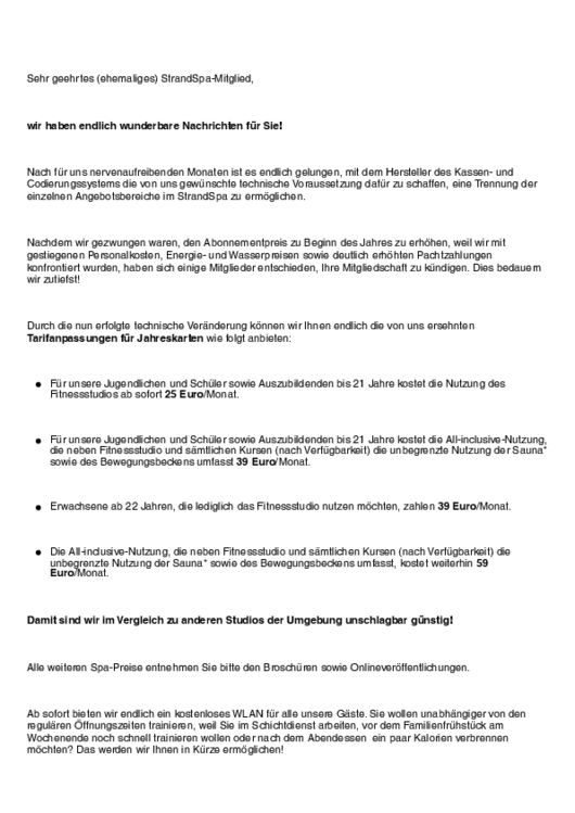 Tarifanpassung Strand Spa Dahme Mitgliedschaften 